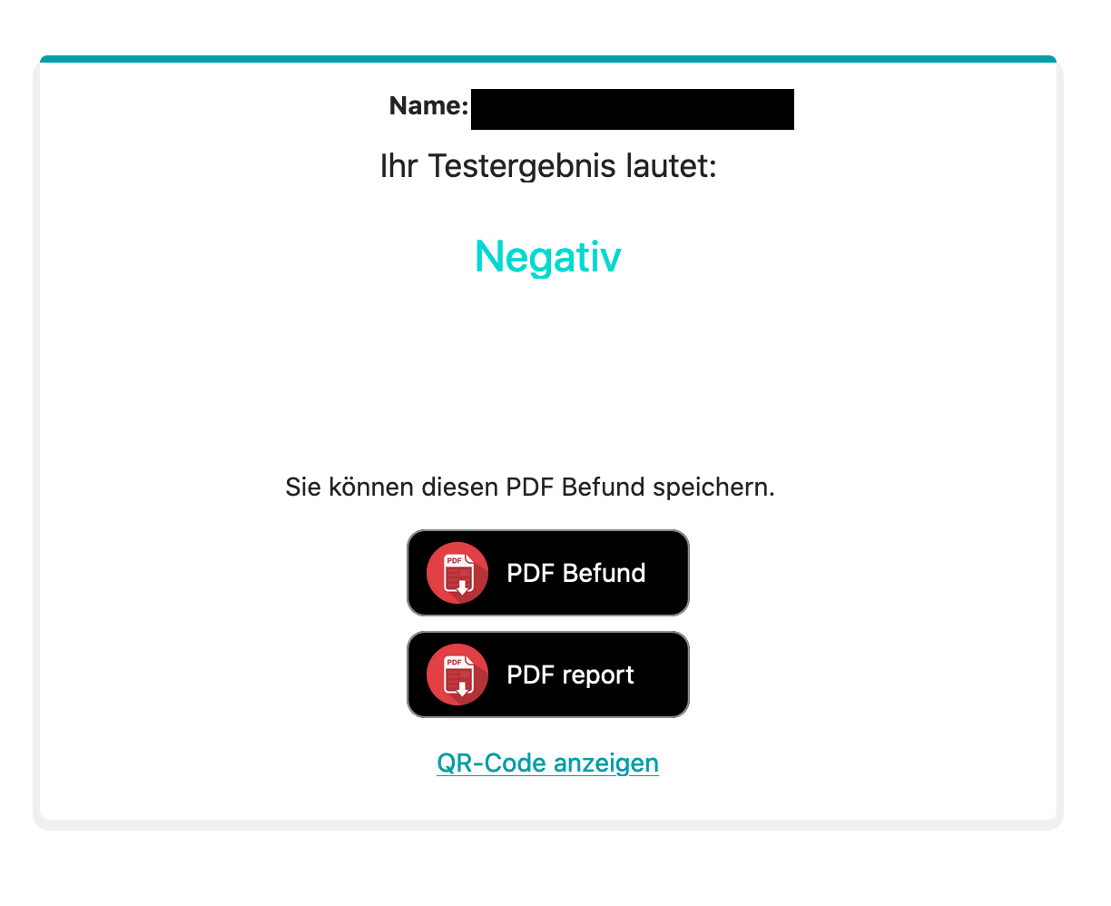 Negatives Testergebnis im Webinterface von 21dx.medicus.ai