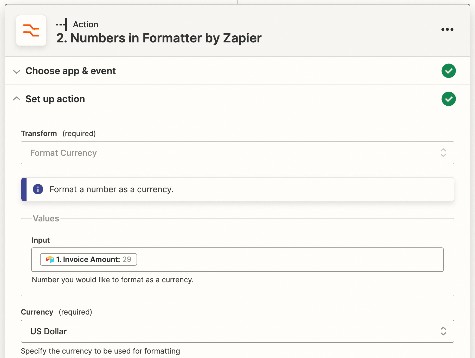 Screenshot of Zapier numbers in formatter action with format currency transform