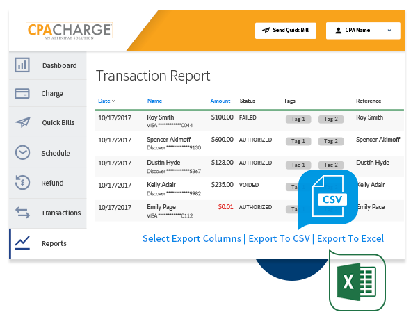 CPACharge software
report feature, detailing various transactions and export options:
CSV, Excel