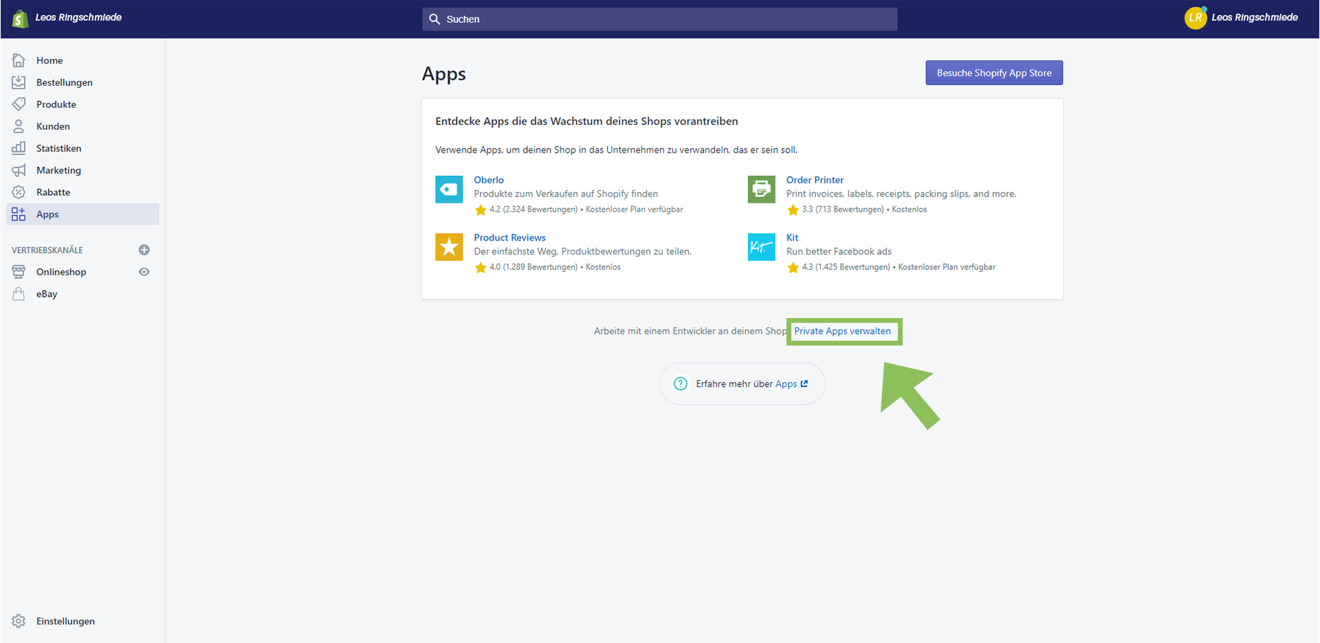 Shopify private Apps verwalten