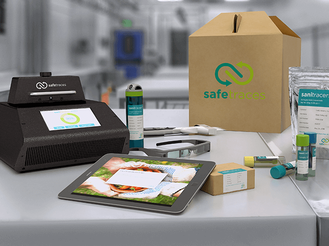3D rendering of several pieces of branded scientific equipment laid out on a table