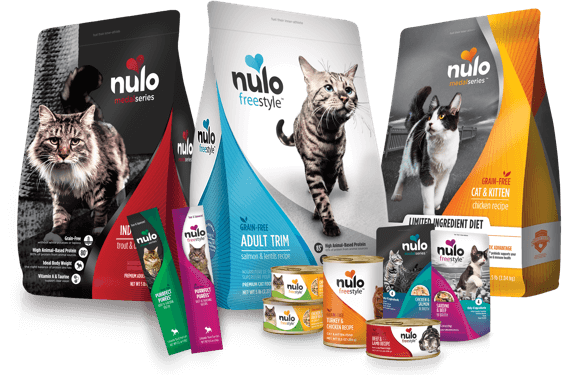bags of dry food and treats for cats along with cans of wet food for cats