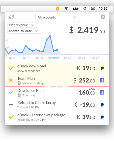 CashNotify menu bar app for macOS