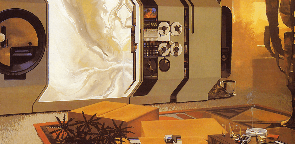 Image showing an interior design by Syd Mead, warm orange and beige colors form a room with hard lines and technical gear in the background, cube-formed seating in the foreground.