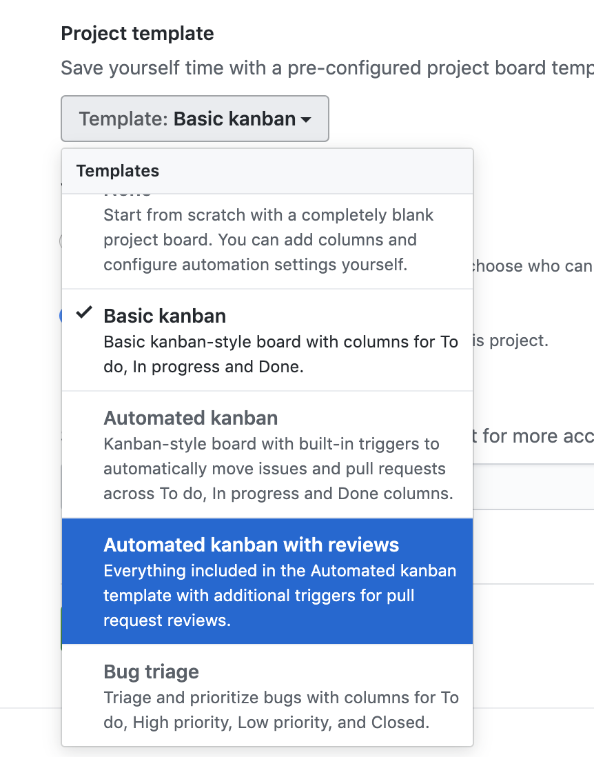 Showing a dropdown with an automated kanban board from GitHub