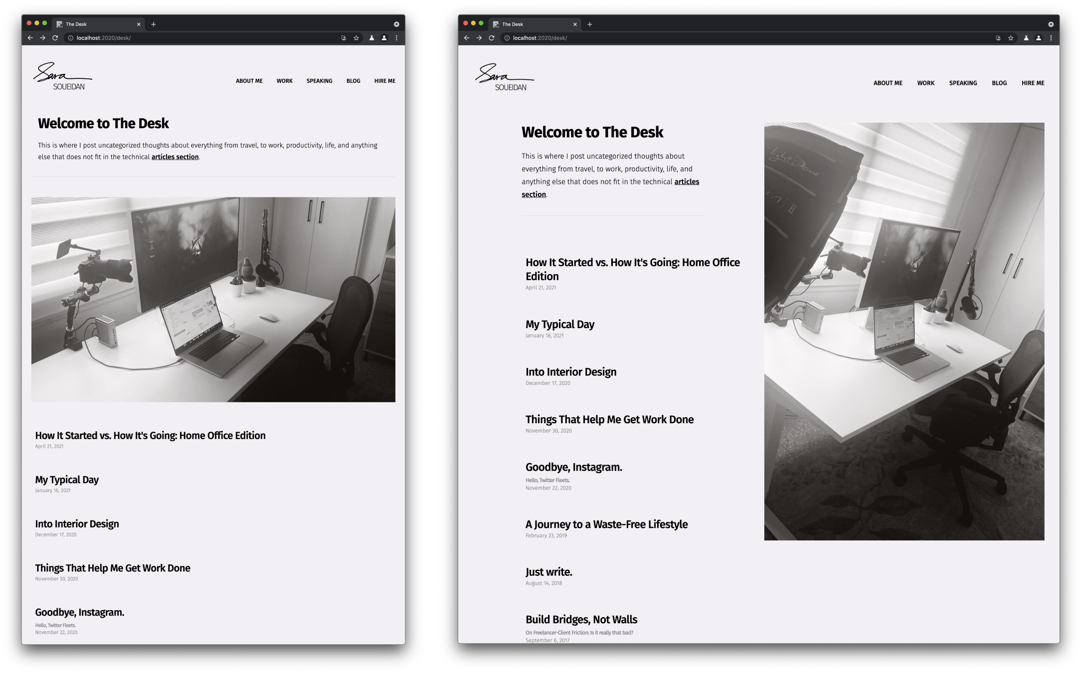 A screenshot of the Desk page showing two different photos of my desk setup on narrower and wider screens.