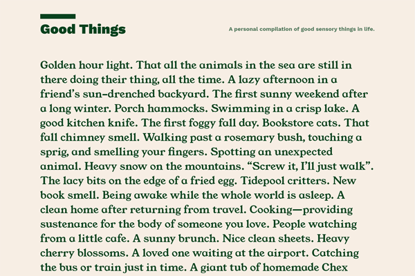 A one-page website displaying in large text a list of nice, simple things