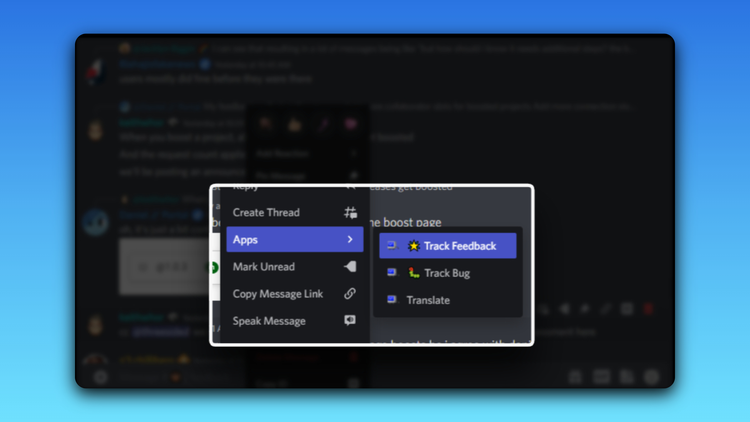 Autocode's Discord showing the context menu being used to track feedback of a message.
