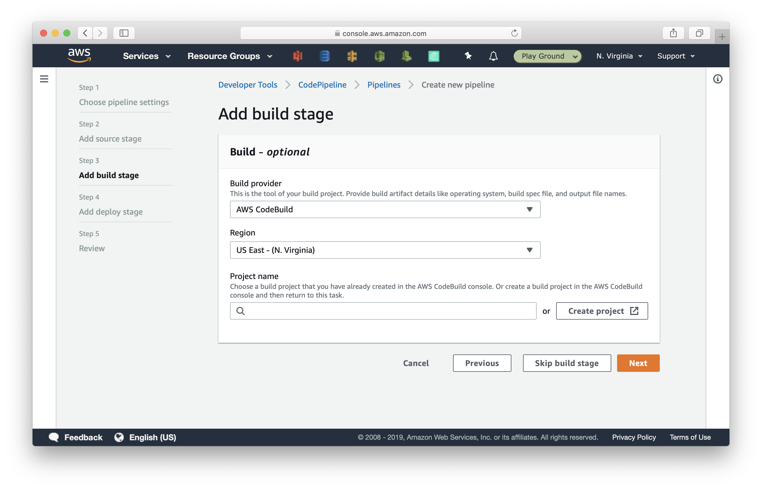 Select CodeBuild as provider in CodePipeline pipeline