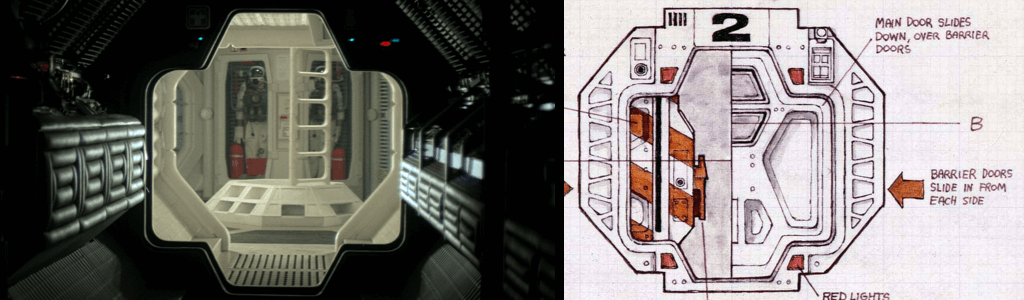 Image showing on the left an open bulkhead door from the movie Alien, on the right Ron Cobb's sketch.