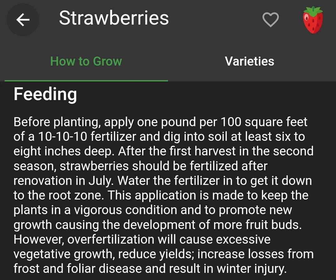 Screenshot of strawberry Feeding instructions in Planter