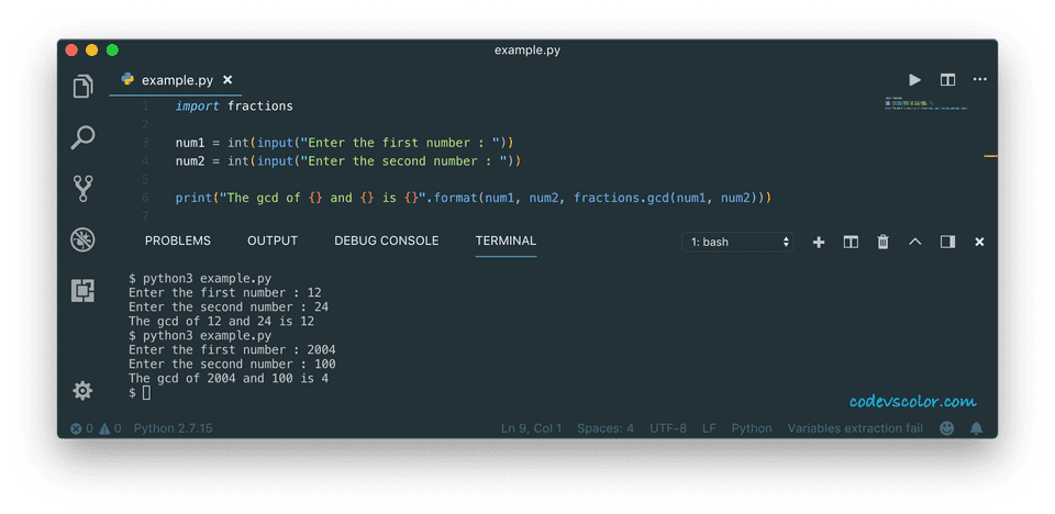 python program to find the gcd of numbers using fractions python program to find the gcd of numbers using fractions