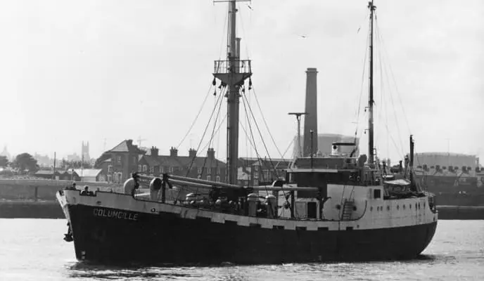 Black and white photo of cargo ship leaving Dublin for Biafra