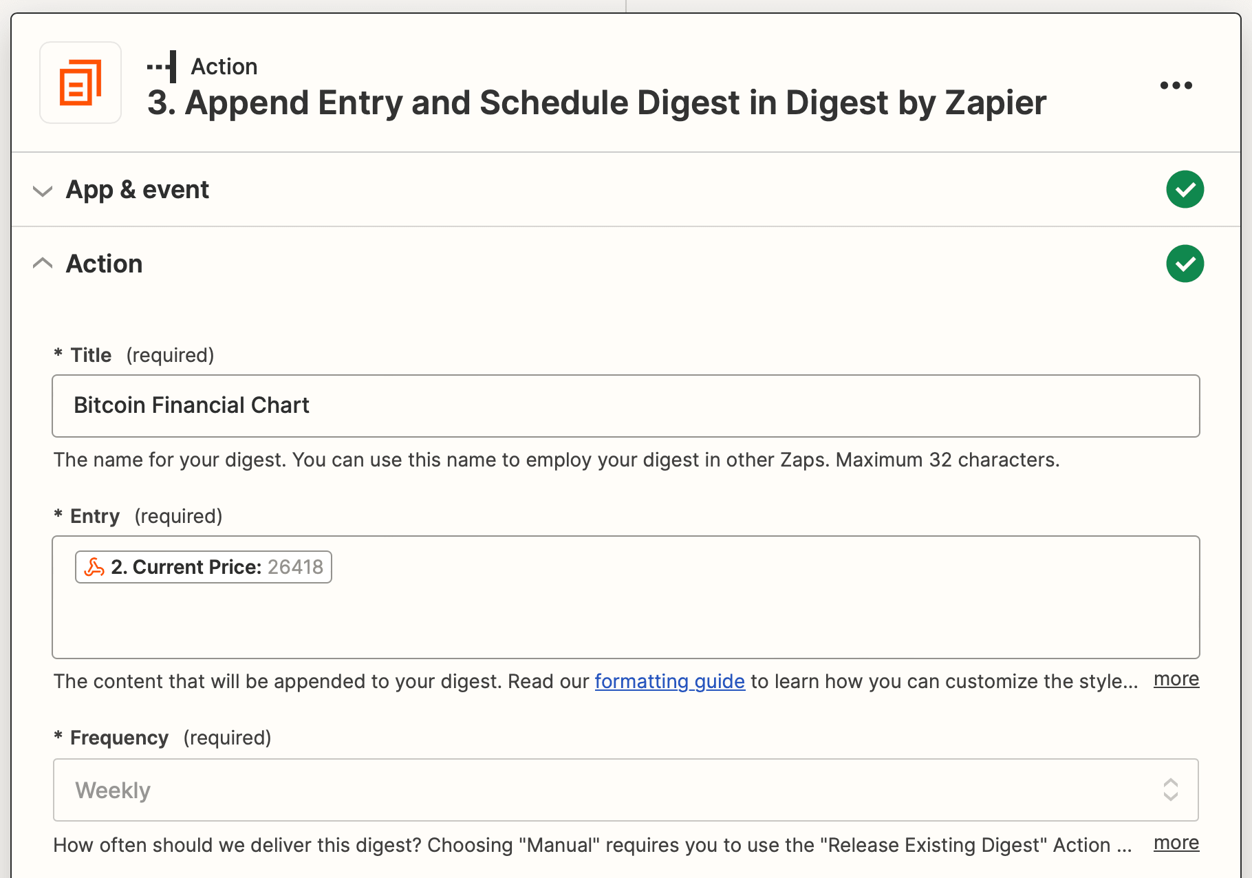 Screenshot of Zapier Digest by Zapier Append Entry and Schedule Digest action