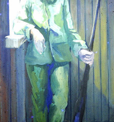 painting of a chinese soldier with rifle leaning against a window pane