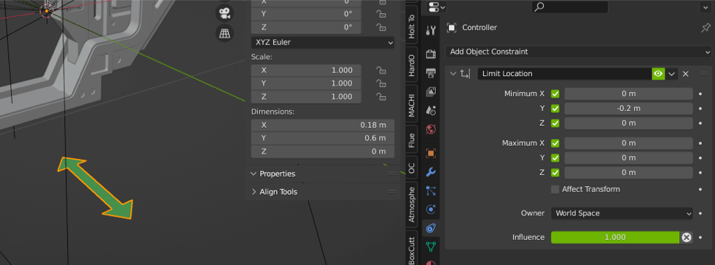 Part of the Blender viewport showing a green arrow to control the door and the open constrains panel.