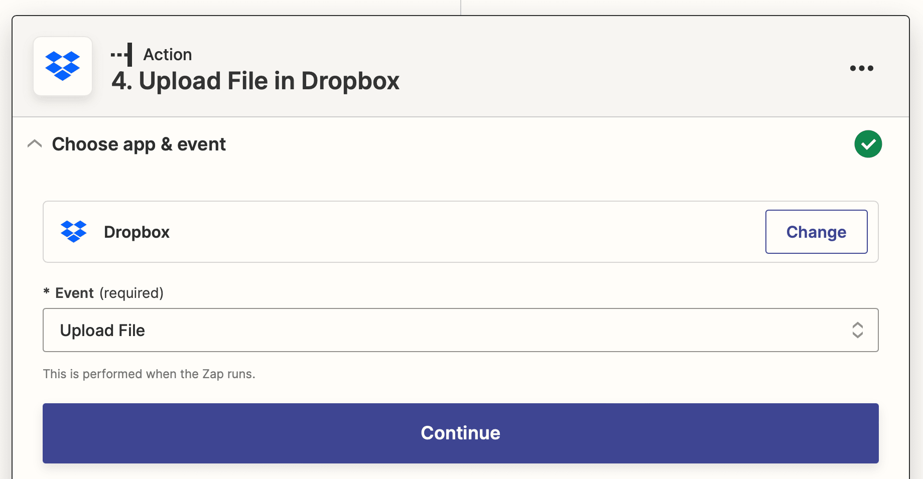 Screenshot of Zapier Dropbox upload file action