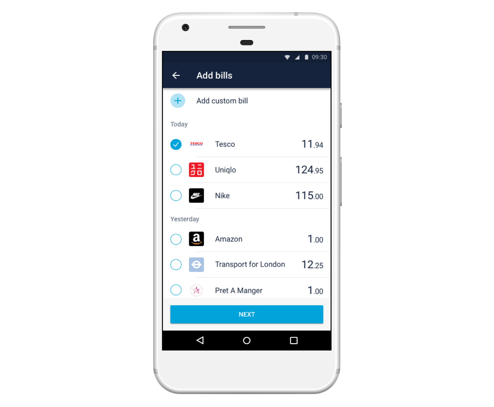Screen showing adding a Tesco purchase to a Shared Tab
