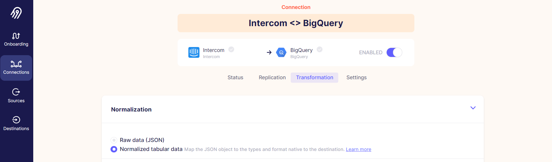 Airbyte Intercom to BigQuery connection