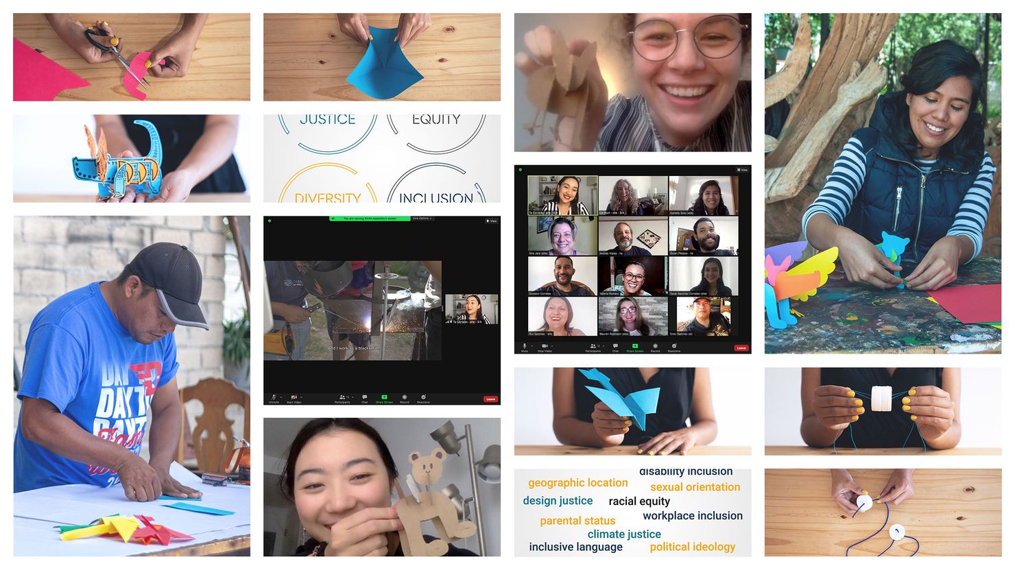 a collage of photos - multimedia content, arts-and-crafts, smiling participants, and global innovators