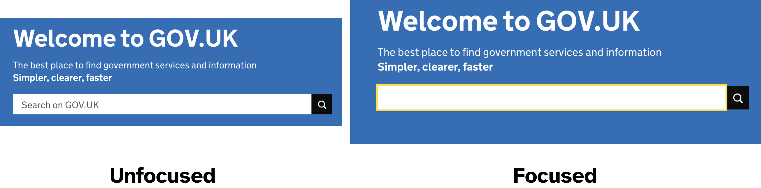 On the left: screenshot of a text input as seen on the GOV.UK homepage. The background behind the content is a shade of blue. The text input has a white background and no border. On the right, the text input in its focused state. The focus indicator is a 3px thick yellow outline around the input.