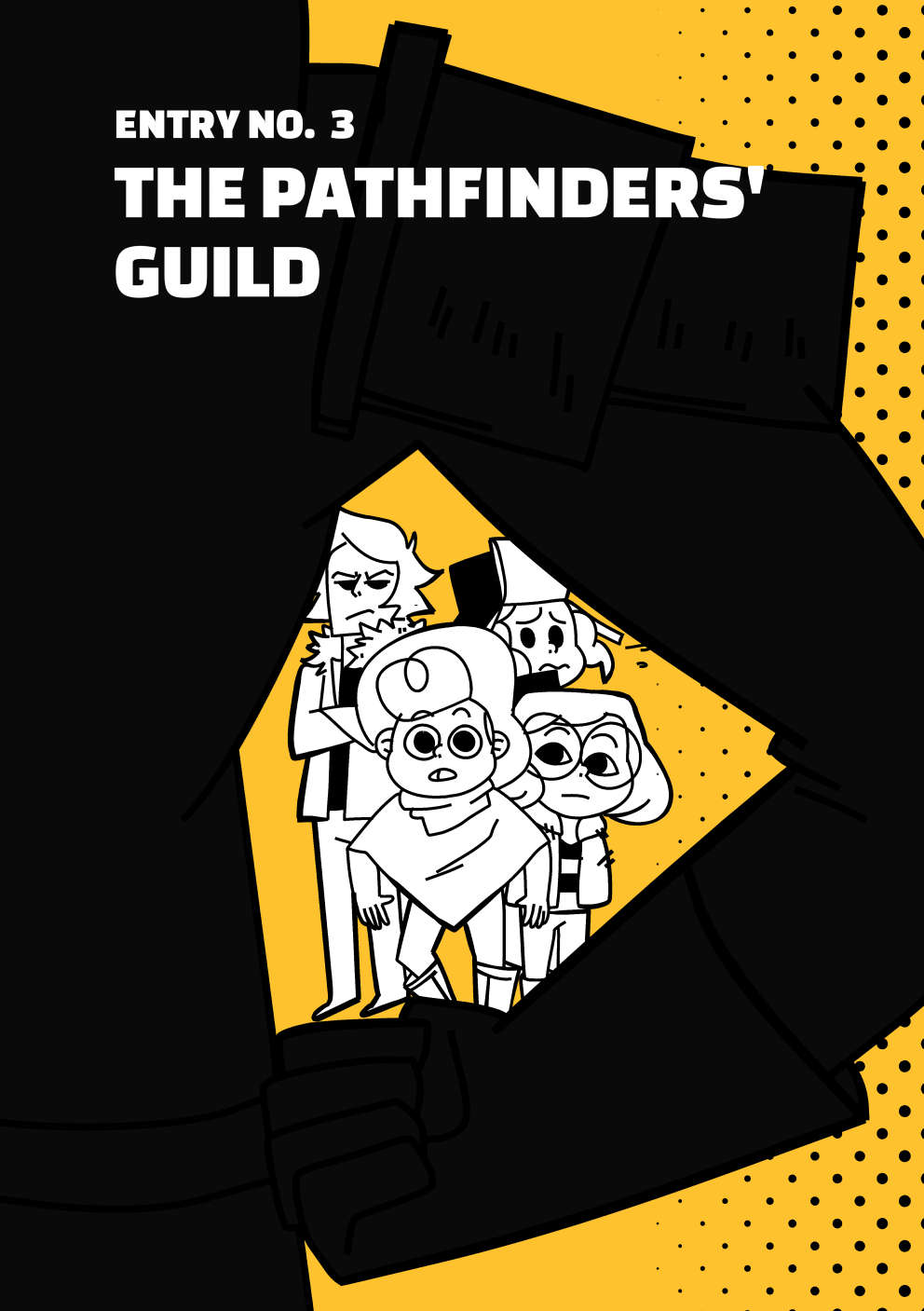 Cover for Fluffy Gang's third chapter titled "The Pathfinders' Guild." A silhouette stands in the foreground with its arms on its sides, as Nate, Vincent, Marissa and Nita look at them from a distance.