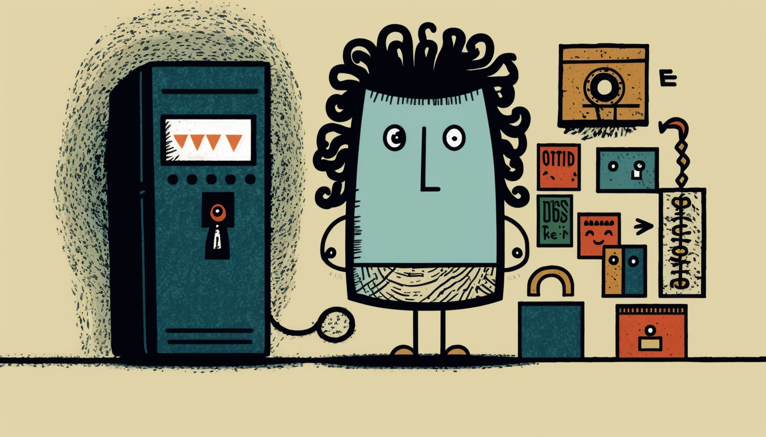 A cartoon person standing in front of a computer, with a lock symbol above their head and different types of authentication factors, such as a key, a phone, a fingerprint, etc., floating around them