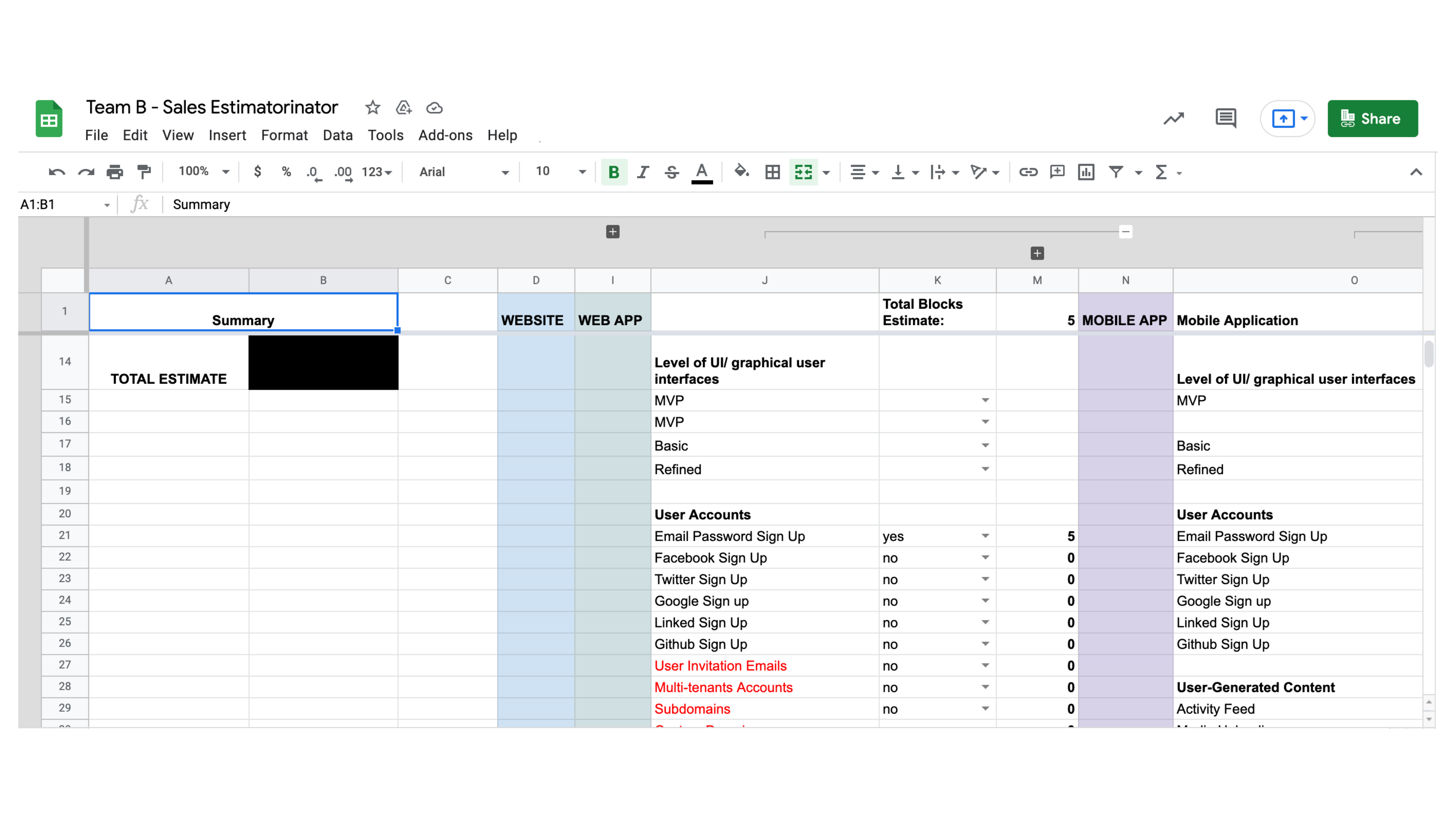 Google Sheet Template for Estimation