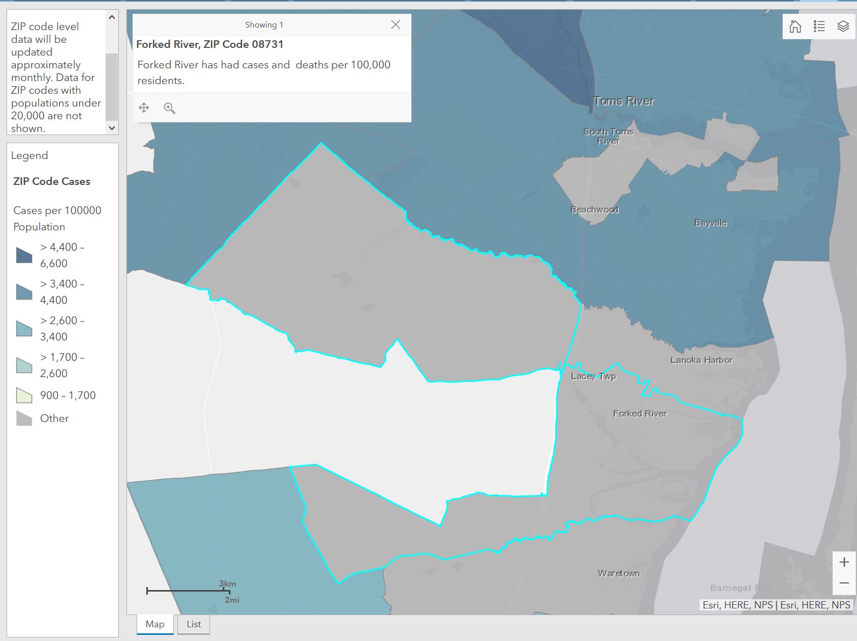 NJ ZIP code level dashboard showing Forked River (08731) selected with data suppressed