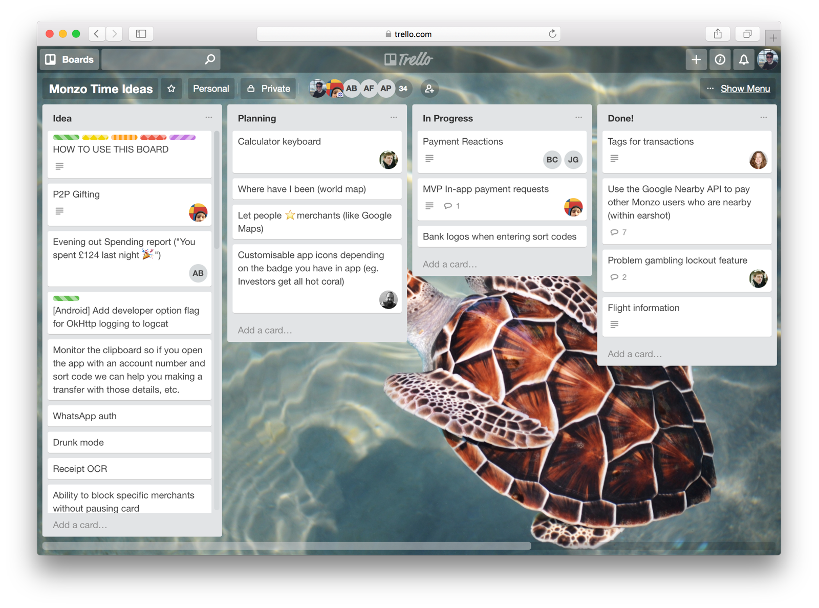 Monzo Time roadmap on Trello