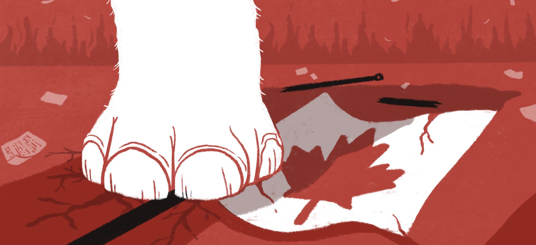 Illustration of a close up of a white elephant's foot stepping on a fallen Canadian flag to symbolize how white supremacy is dangerous to Canada.