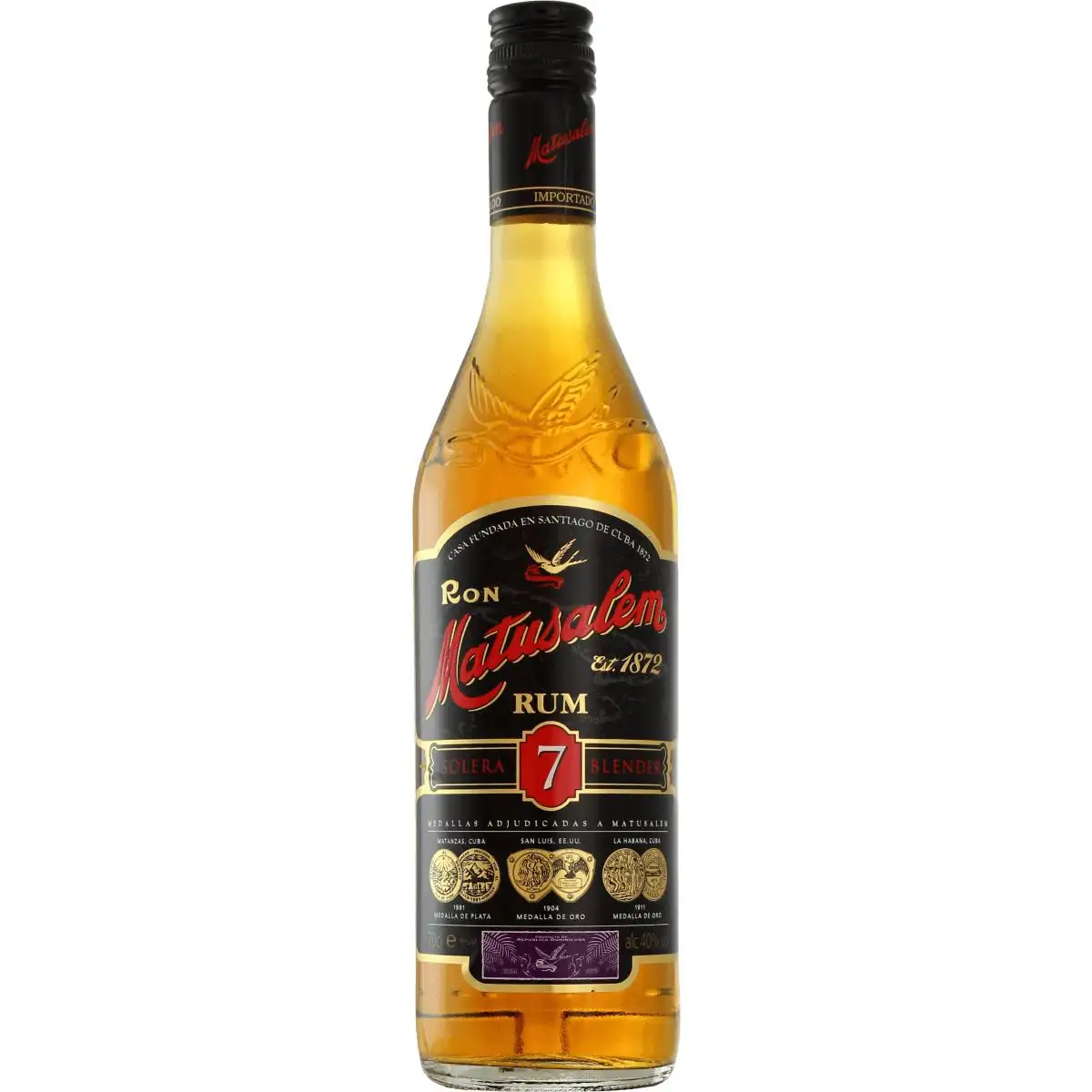Image of the front of the bottle of the rum Solera 7 Años