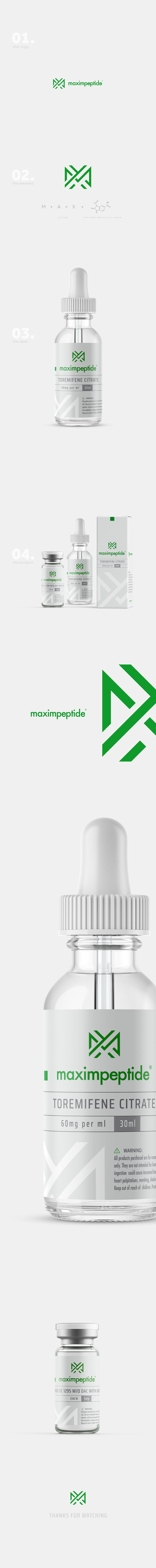 Presentation image showcasing logo design and packaging design for Maxim Peptide