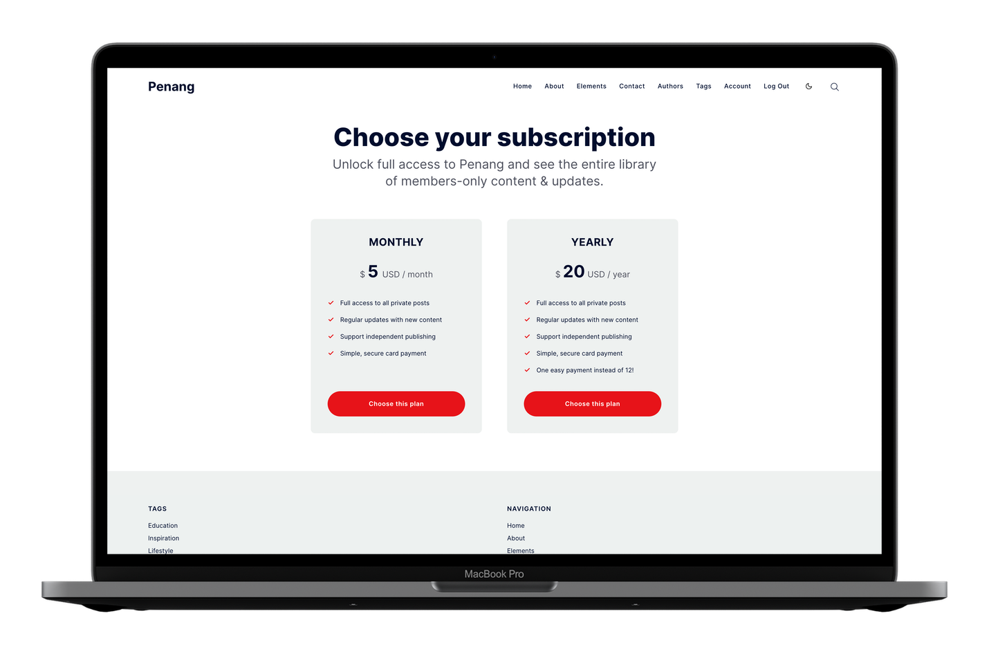 Penang Ghost CMS Theme Pricing Page