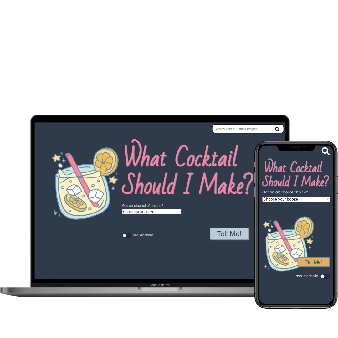 a rendering of the Cocktail Recipe site on a laptop and a mobile phone.