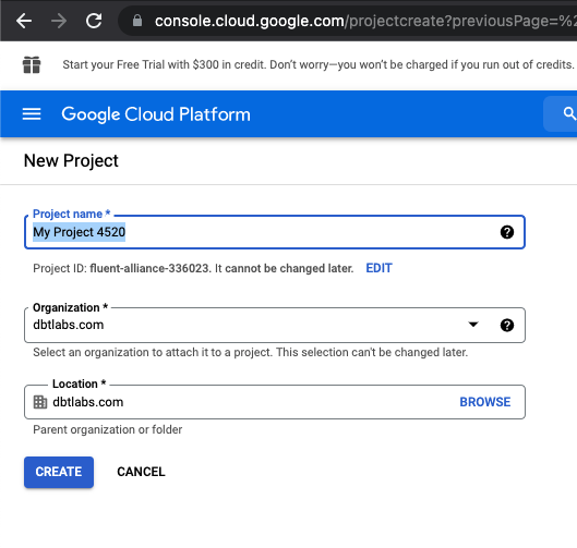 Bigquery New Project Creation