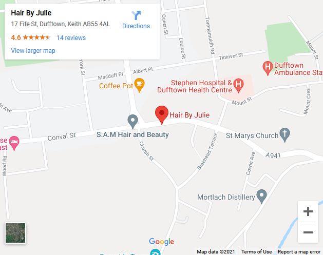 Google Map showing the location of Hair by Julie