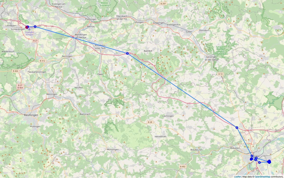 Im Tweet geschilderter Streckenverlauf des Briefes mit den Messpunkten auf der Karte dargestellt.