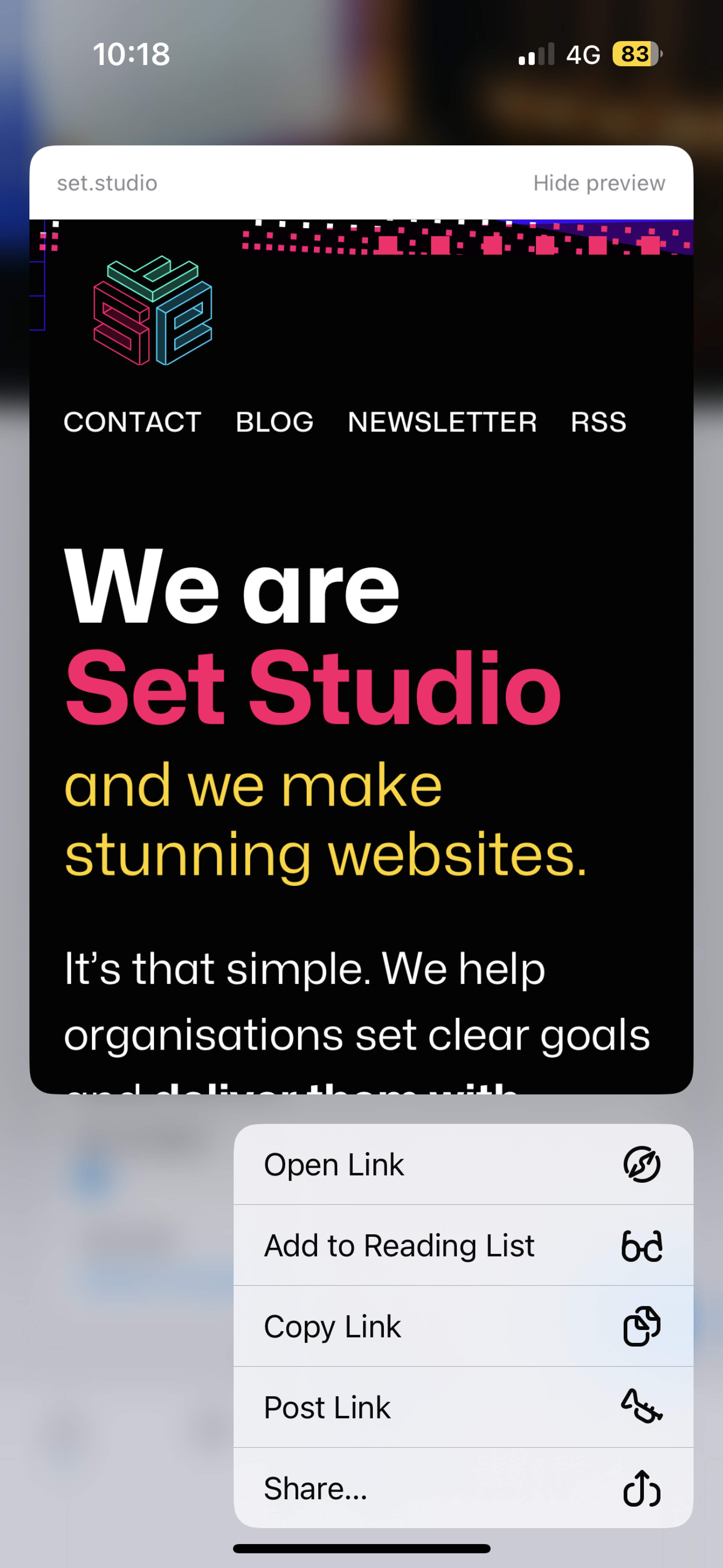 Set Studio website in 3d touch preview