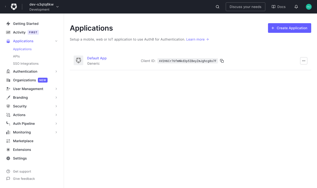 Auth0 Applications Dashboard
