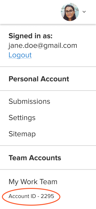 Click on the user dropdown menu in the top right hand corner of your account. Your unique Account ID is under your Team Account(s).