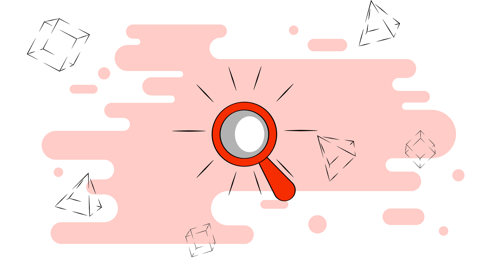 Magnifying glass on a pale red background with abstract shapes surrounding