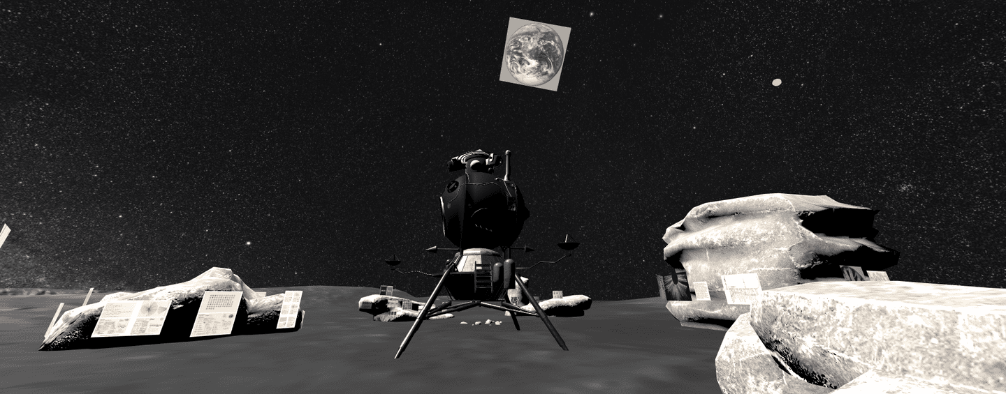 Image by Gonzalo Moiguer showing scene on moon with space rocks and landed space rover with Earth in background