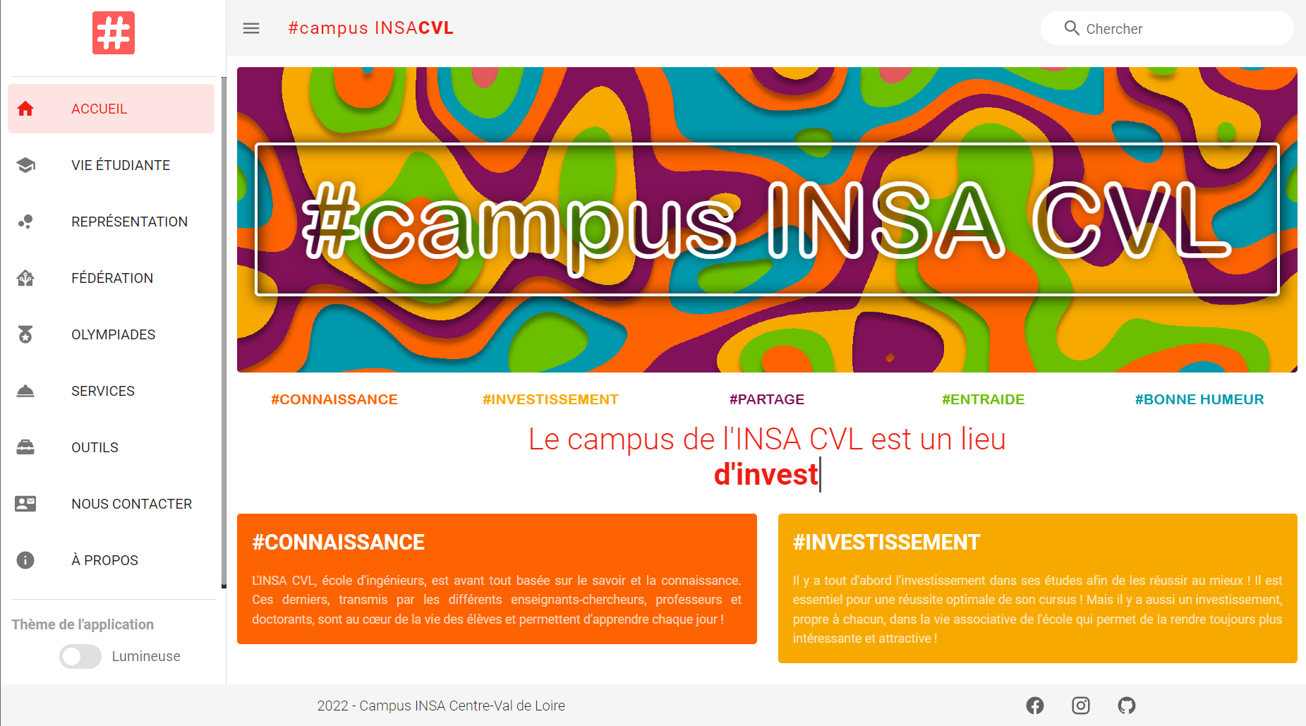 Capture d'écran du nouveau site campus. On peut y voir un titre "#campus INSA CVL".