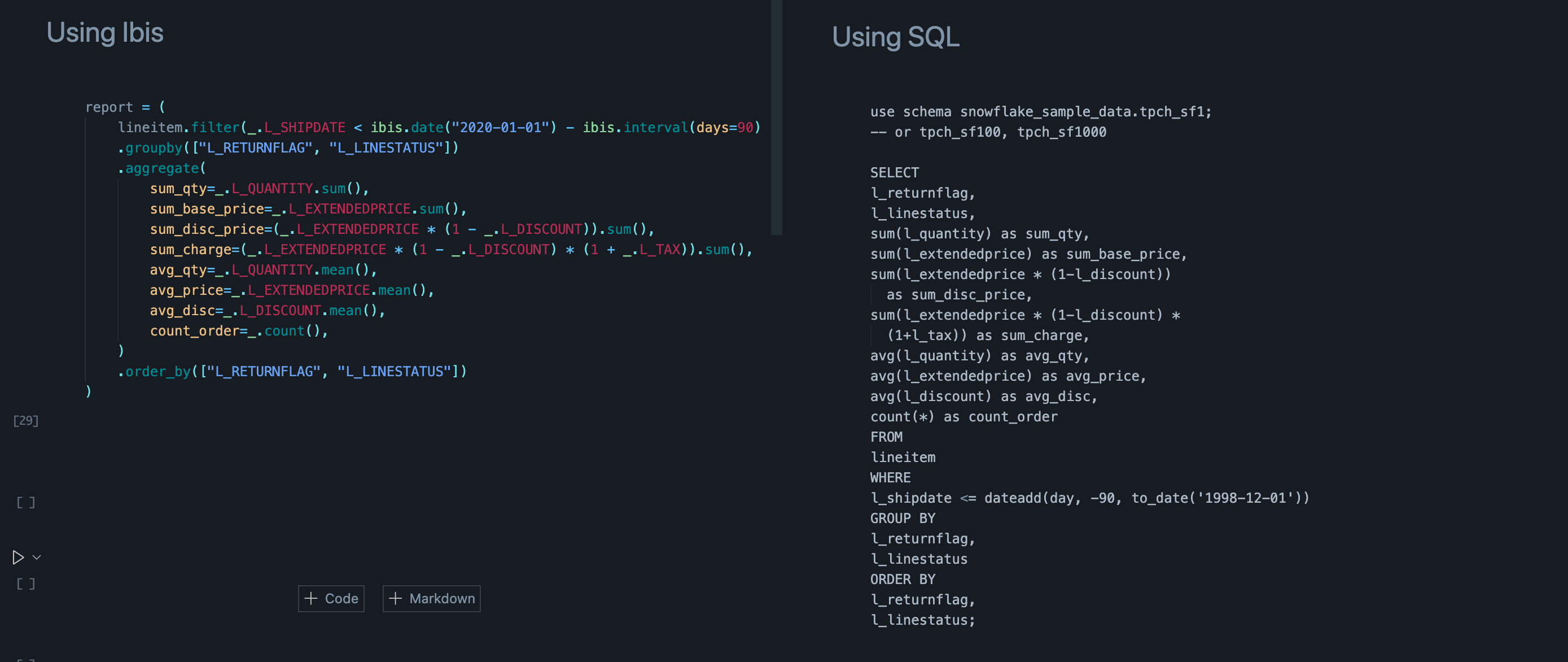 Ibis and SQL code side by side comparasion