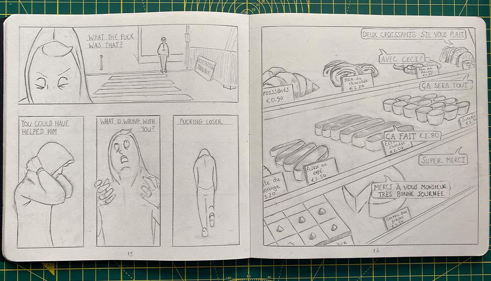 Two pages from a short story by Adam Westbrook in pencil