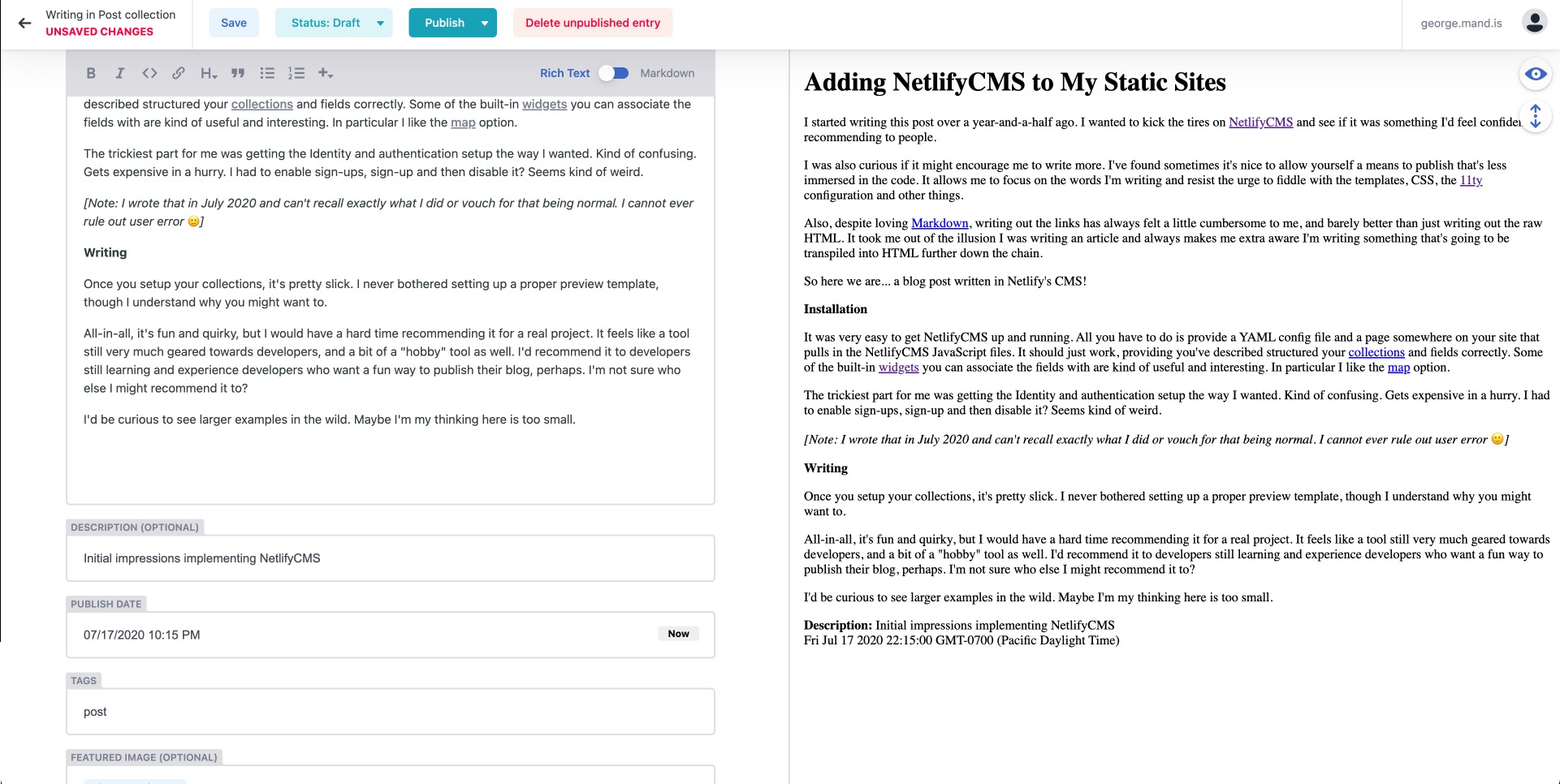 A screenshot of my NetlifyCMS implementation