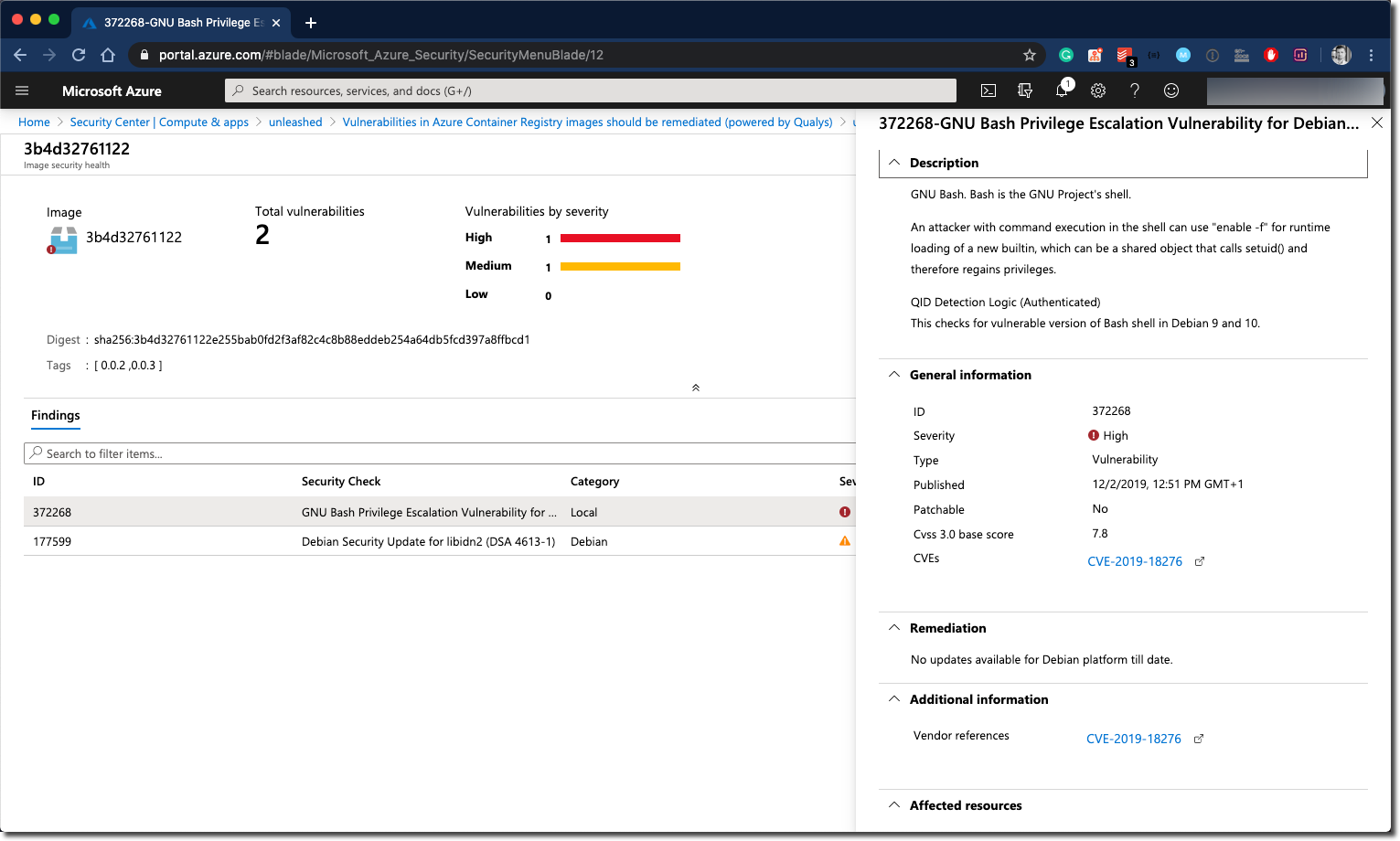 Azure Security Center - Actual findings on a Docker Image