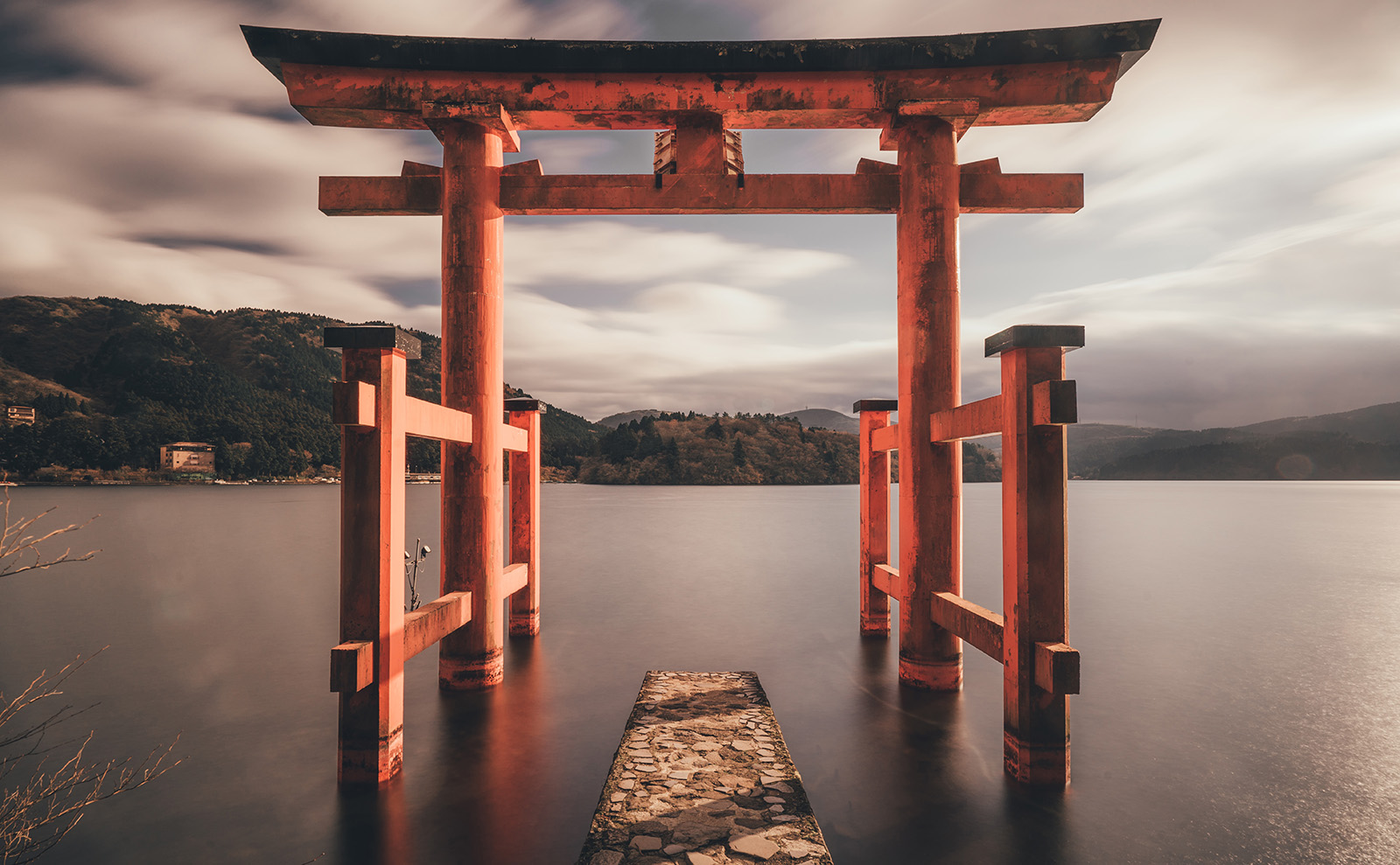 red shrine in the water in Hakone, Japan.
