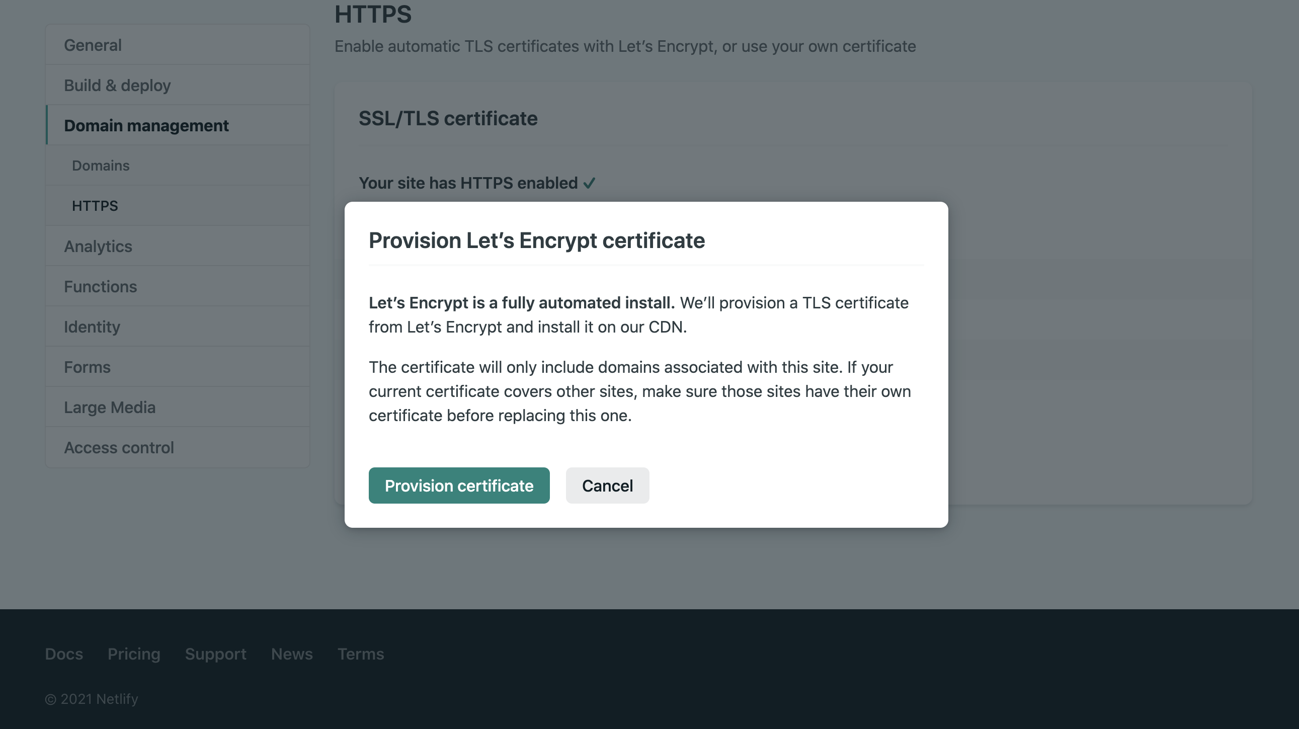 screenshot of "provision let's encrypt certificate" prompt in the Netlify site dashboard